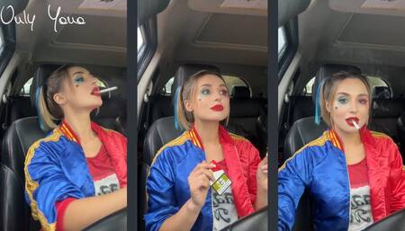 Harley Quinn smokes in the car