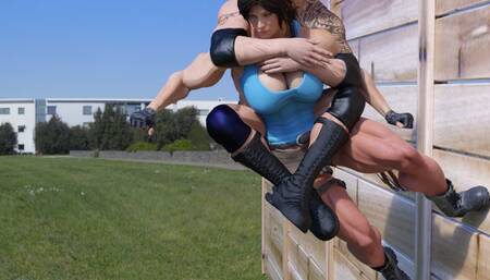 Strong Lara piggyback parkour with the rock