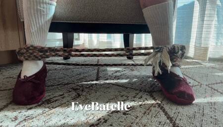 Struggling Female Tied In Maroon Fuzzy Slippers