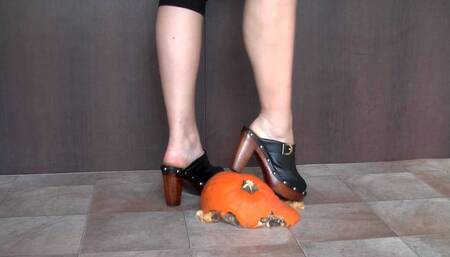Sexy Witch Sophia Crushes A Halloween Pumpkin In Her High Heel Clogs