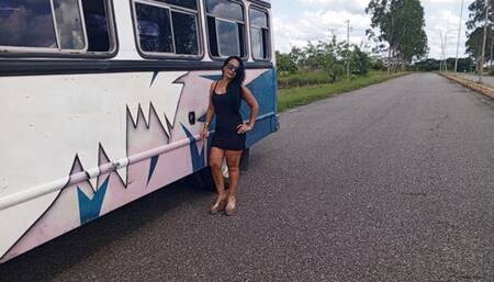 Shescamore the sexy bus driver pedal pumping the FFP Bus on wedge cork heels