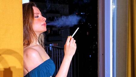 Enjoying my midnight Marlboro Red cigarettes after a party, wearing my new sexy short emerald dress