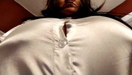 Big Boobs in to Small Wet White Satin Blouse