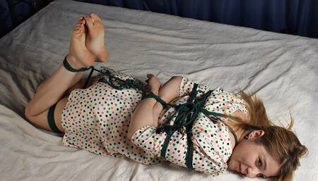 Grace: hogtied barefoot with green rope girl is tickled on the bed by her friend (HD MP4)