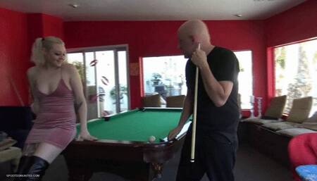 Mistress Arielle has a bet in a pool game with her friend and the the loser have to be the slave to the winner and get on his knees to worship on her boots