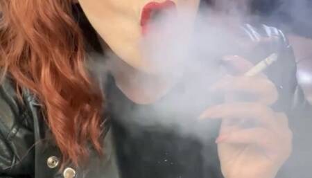 Dunhill - Redhead - Genuine leather jacket, red lips, Long nails - Deep Inhales, Mouth Inhales, Mouth exhales, Multiple pumps