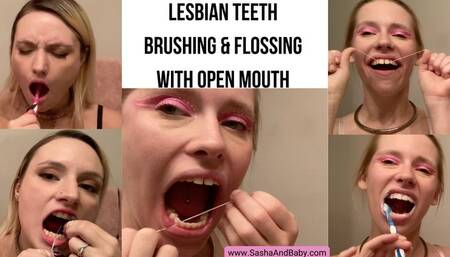 Lesbian Teeth Brushing and Flossing with Open Mouth