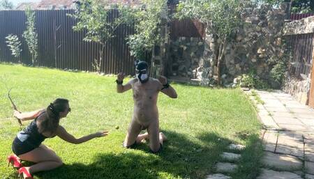 Proper puppy training, throwing balls in to the nuts - Castle outdoor slavery