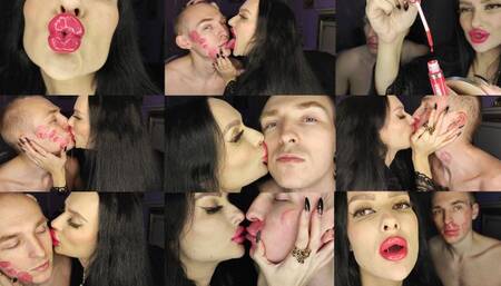 Ultra sticky pink passionate kisses on a man's face