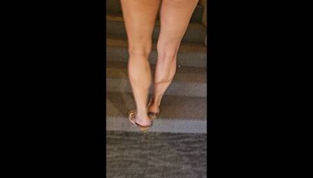 Blue Shorts Stairs High Heels with Muscle Worship