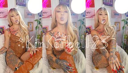 Chainsmoking different types of cigarettes wearing Brown Leather outfit with Kinkerbell23