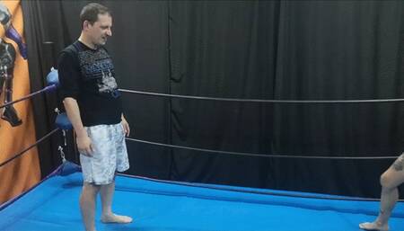 Blondie in pink bikini wrestles a guy and ties him up