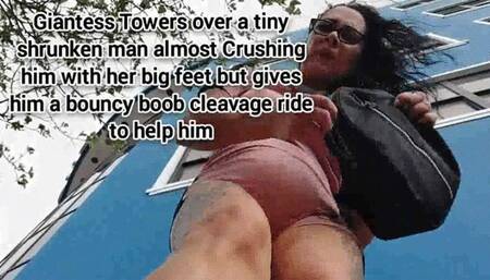 Mkv Giantess cleavage ride Towers over a tiny shrunken man almost Crushing him with her big feet but gives him a bouncy boob cleavage ride to help him