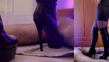 Cock Trampling & Bootjob in Sexy Leather Knee High Heels Boots