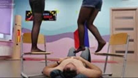 Pre-war multitrampling training #20 (Full): lethal jumping & sneaker trampling & nylon feet facestanding & road of slaves-trampolines