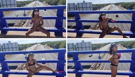 Horny Slut Naked on the Highway Bridge, Masturbating