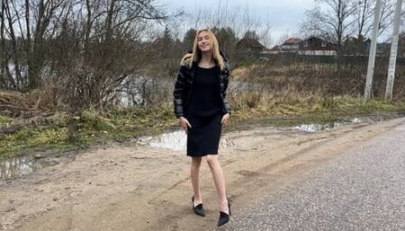 girl in new shoes walks through the mud, cold dirty water is poured into the shoes, then she slides down a dirty slide