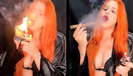 Sucking a cigar with my red lips and wearing a satin robe