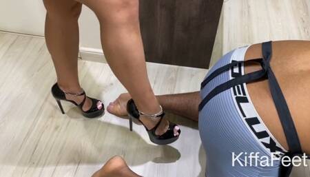 Goddess Kiffa Kicks recruit slave on his balls and spank him until he asks for help - BALLBUSTING - SPANKING - FOOT DOMINATION - SPIT - HIGH HEELS -