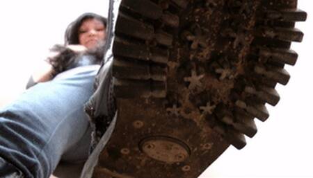 Dirty sole of big black Dr Martens boots look dangerous, fc031x 1080p