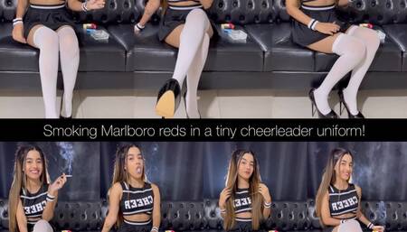Smoking marlboro reds in a tiny cheerleader uniform, white knee high socks and pump stilettos!