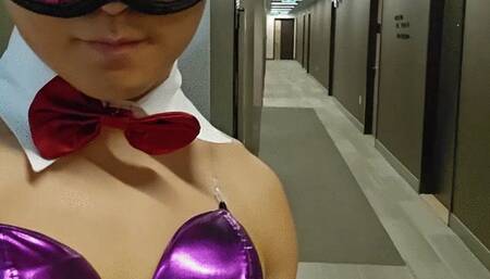 Sexy bunny risky play in public hallway