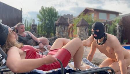 Face slapping and barefoot licking at the pool