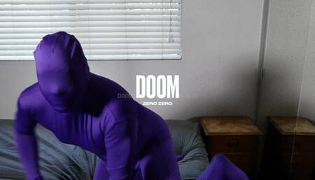 Nylon encasement in Shiny White Silky Pantyhose layered with a Purple Zentai Spandex Suit