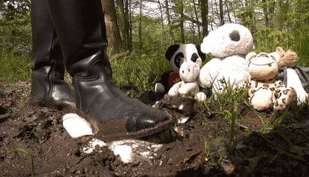 Cute plushies crushed into the mud