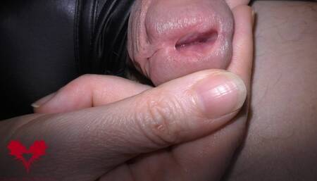 She rubs the penis through the panties and opens the urethra.