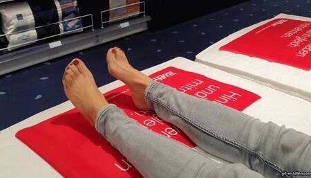 Shoeplay in pantyhose in the furniture store HD mp4 1920x1080