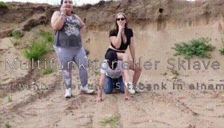 Multifunktioneller Sklave: Aschenbecher und Sitzbank in einem