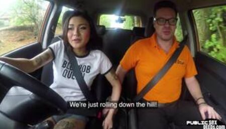 Asian driving student public fucked outdoor in car by tutor