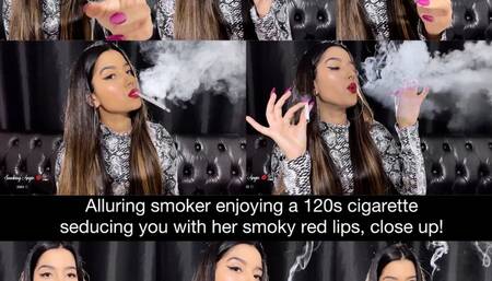 Alluring smoker enjoying a 120s cigarette in her snake skin top seducing you with her smoky red lips close up!
