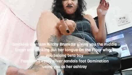 Miov Smoking Giantess Bitchy Brunette giving you the middle finger and sticking out her tongue On the Floor where you belong beta boy FemDom sweaty silver sandals foot Domination using you as her ashtray