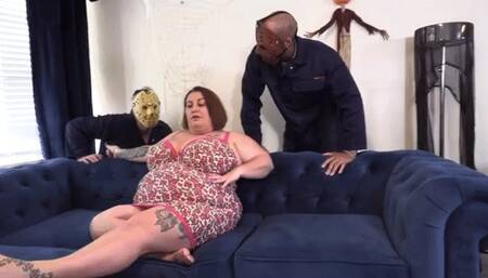 BBW Hannah has 2 masked men fuck her