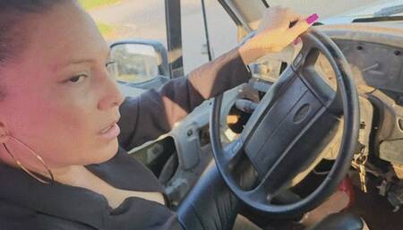 Katherine struggling to drive the old uncle jesse truck