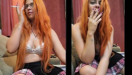 Schoolgirl arrives tired and takes the opportunity to smoke in secret