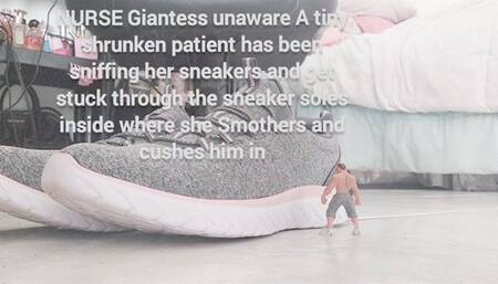 HD NURSE Giantess unaware A tiny shrunken patient has been sniffing her sneakers and get stuck through the sneaker soles inside where she Smothers him again and again