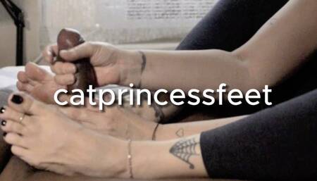 pov2 -close up view- Stroked his fat dick so good! Handjob with feet, thick load, uncut bbc and milf feet