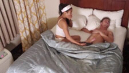 Asian Teen Step Shares Hotel Bed