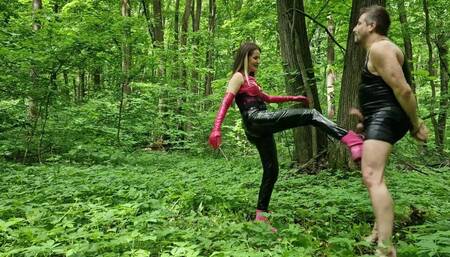 NoirQueenie and Faith - forest adventures part 6 - Ballbusting and CBT in the forest