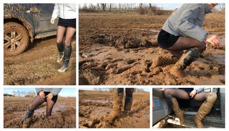 PREMIERE: Emily stuck in crazy deep soft mud hard in high heel boots