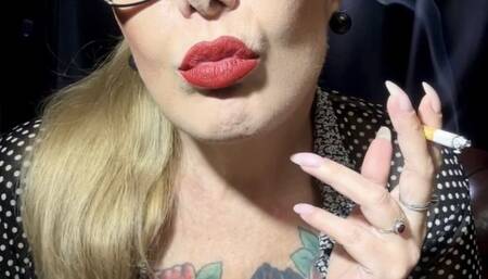 Marlboro Reds - Smoking and sassy secretary, teasing her boss - Audible Inhales and exhales - Deep Inhales - Mouth Inhales and open mouth exhales, Cough, Triple pumps, red lipstick, Long nails, generous cleavage