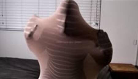 Nylon Bodyhose tube silky play over striped Zentai lycra suit