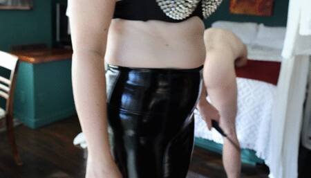Spanking in shiny pants and platform heels