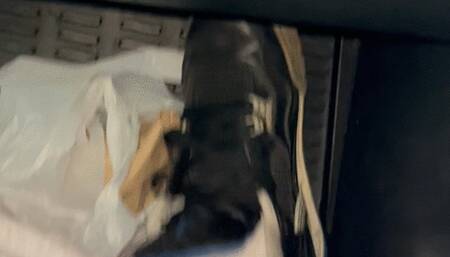 Friend comes over and takes his shoes off