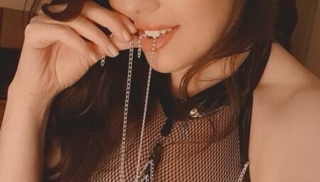 Your horny girlfriend wears PVC and fishnet with zip crotch to tease you and play with her pussy - Curvybrunette role-play video