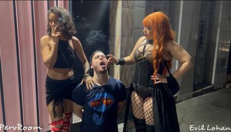 Two Dommes using human ashtray slave (720)