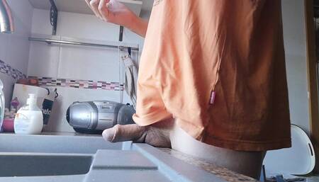 Quick Jerk-off with Cumshot Into the Kitchen Sink